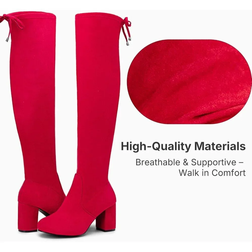 Women's Red Suede Chunky Heels Zipper Over The Knee High Adjustable Opening Boot
